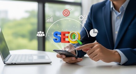 SEO Strategy Optimization on Mobile – Digital Marketing and Search Ranking Concept