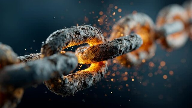 A hopeful, conceptual image of a broken chain being re-forged with a golden light, symbolizing a new trade agreement or resolution of conflict, dark background with floating particles, cinematic