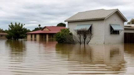 Flooded Insurance House. House in floodwater. Traditional timber country home with water up the windows. Ideal for insurance or disaster illustration.