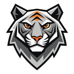 Geometric stylized tiger head features orange accents on a solid gray background
