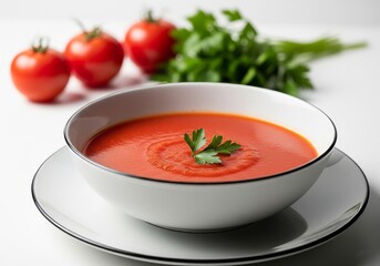Tomato Soup with Fresh Parsley Garnish and Whole Tomatoes – Isolated on White Background