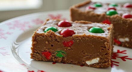 Festive Homemade Fudge with Red and Green Candy Decorations on a Decorative Plate