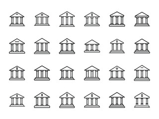 Set of 24 black line-style bank or government building icons with pillars and currency symbols isolated on white background for financial, economic, and institutional design purposes