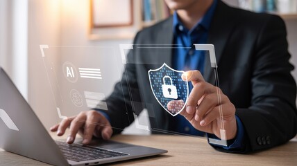 AI Cybersecurity: Businessman secures data with digital shield.