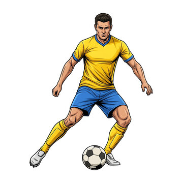 jogador com uniforme amarelo e azul pronto para dominar a bola, perfeita para campanhas esportivas, Copa do Mundo, materiais educativos e projetos com esp&iacute;rito competitivo e brasileiro.