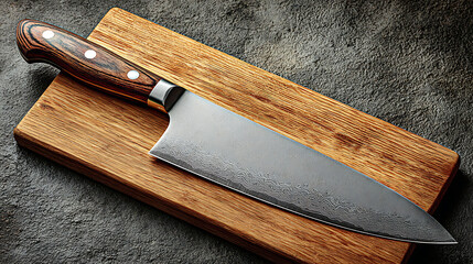 Chef's knife, wooden handle, on a rustic cutting board, textured background, kitchen still life.