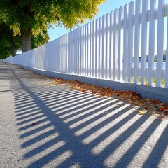 Rust-Hued Leaf Shadows on White Picket Fence