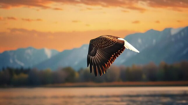 Majestic bald eagle soaring over a river at sunset in vibrant golden light