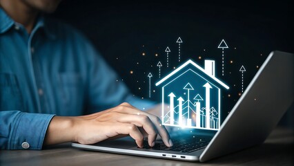 Man Typing on Laptop with Growing House Graphic Displayed, Representing Growth, Investment, and Future Plans.