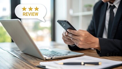 Managing Online Reputation: Businessman Using Mobile for Feedback and Rating on Laptop, Promoting Positive Results.