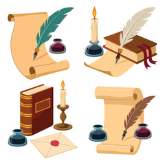 Vintage Writing Supplies Set with Scrolls Books and Candles