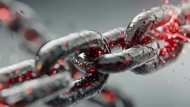 Abstract 3D render of a complex, interconnected supply chain represented by a physical chain, with one central link glowing red and breaking apart, symbolizing disruption, minimalist background