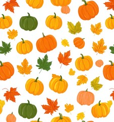 seamless pattern of autumn leaves, acorns, pumpkins, mushrooms, warm orange and yellow tones
