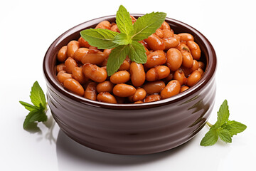 warm brown beans served in dark ceramic bowl with mint on white surface