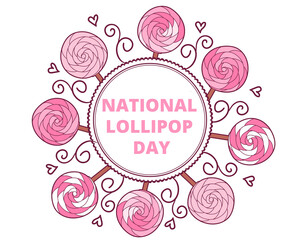 Doodle illustration for National Lollipop Day celebration. Adorable Kawaii Candies Arranged in a Whimsical Circle. Sweet Candy Ring in Soft Pastel Tones