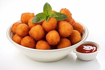 round fried dough balls served in white bowl with side dipping sauce and mint