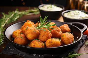 crispy golden fried potato balls in black pan with herbs and dipping sauces