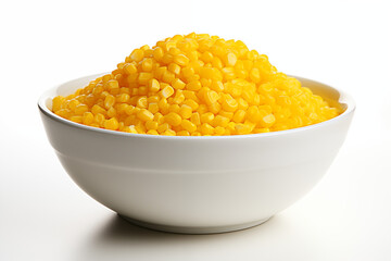 bright yellow corn kernels served in simple white bowl on white background