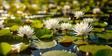Tranquil Pond Scene with White Lilies and Pads