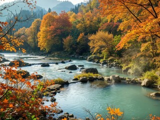 Tranquil Riverside Hot Spring in Fall Colors