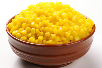 yellow corn kernels served in brown ceramic bowl on clean white background