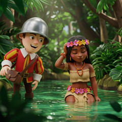 3D illustration of explorer meeting indigenous tribal woman in jungle