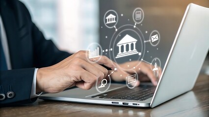 Online Banking Services Conceptualized: Person on Laptop Using Virtual Finance and Transaction Management.