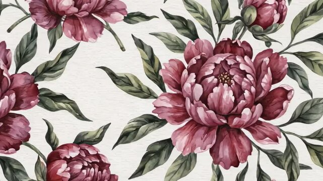 Watercolorstyle painting featuring maroon peonies and green leaves on a textured offwhite background