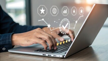 Online Service Rating Experience: Person Typing on Laptop with Star Rating and Positive Feedback Graphics, Showing Excellent Performance.