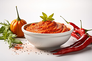 spicy tomato chili sauce in white bowl with fresh pumpkin and red chili garnish