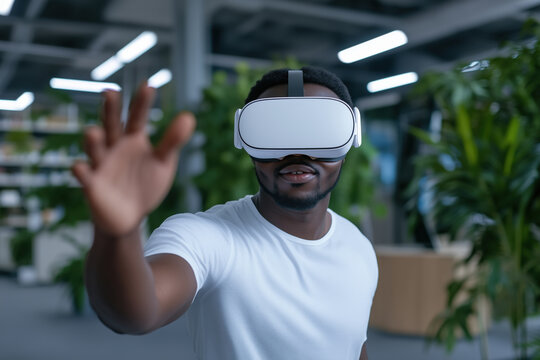 african american man in vr headset touching something in office