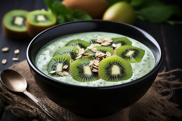 green creamy dessert topped with sliced kiwi served in black bowl on table