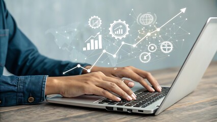 Person Typing on Laptop with Ascending Chart, Representing Progress, Data Analysis and Business Strategy Development.
