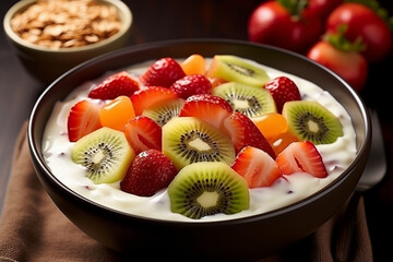 fresh fruit salad in wooden bowl with sliced kiwi, banana, and berries