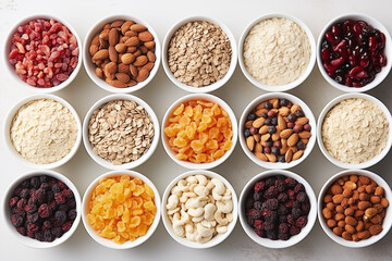 variety of colorful ground spices arranged in round bowls on light surface