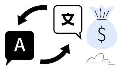 Two speech bubbles with language symbols, circular arrows, and a money bag conveying translations role in financial success. Ideal for globalization, trade, business, economics, communication