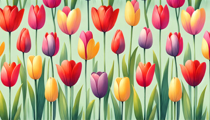 Obraz premium Vertical Rows of Colorful Spring Tulips. Vibrant Tulip Garden: Floral Pattern Design. Elegant Bloom: Multicolored Tulip Background. 