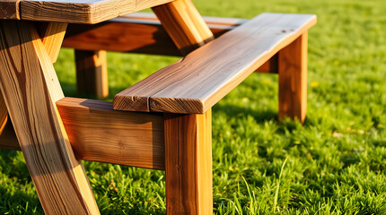Wooden picnic table on lush green grass invites relaxation