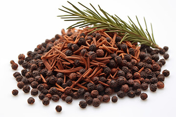 fresh spices cloves and peppercorns piled together with sprig of rosemary on white backdrop