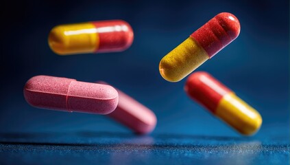Pharmaceutical Medications and Capsules Floating in Deep Blue Space