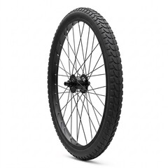 Naklejka premium Black bicycle wheel with tire and spokes isolated on white background.