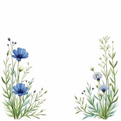 Watercolor illustration of blue cornflowers with green leaves arranged symmetrically in the bottom corners on white background. Botanical designs, packaging, cards, or summer-themed branding.
