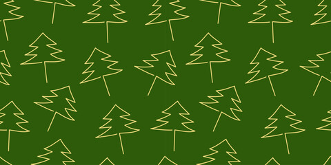 Hand drawn Christmas tree seamless pattern. Yellow trees on green background. Minimal winter holiday design for wrapping paper, textile, cards, and seasonal decor