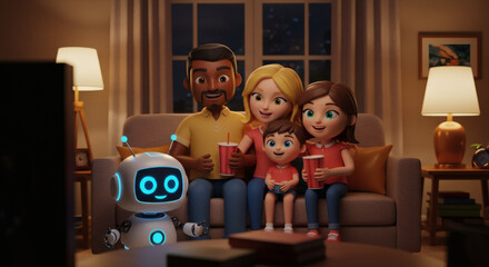 3D illustration of happy family with cute robot companion at home
