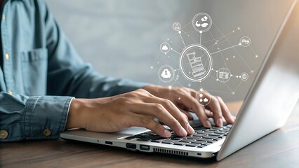 Person working on a laptop with online connected icons illustrating digital workflow and communication.