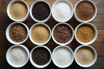top view of colorful spices in black containers on rustic wooden background