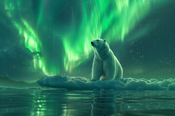 Fototapeta premium Polar Bear Under Vibrant Aurora Borealis