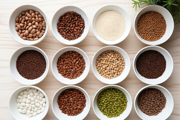 variety of ground spices and seeds in small bowls viewed from top angle
