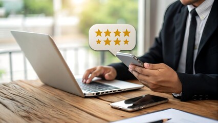 Professional uses device with star rating bubble indicating evaluation of product or service via online access point.