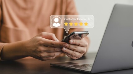 Person reading positive five-star customer review on smartphone